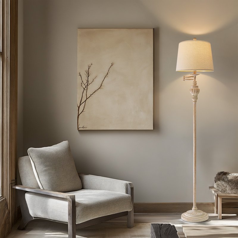 Vintage Floor Lamp with Adjustable Swing-Arm - Antique White Resin Standing Lamp for Living Room & Bedroom