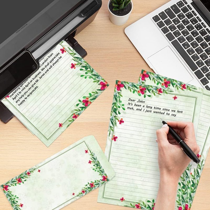 Vintage Floral Stationery Paper and Self-Sticking Envelopes Set 7x10 Inch