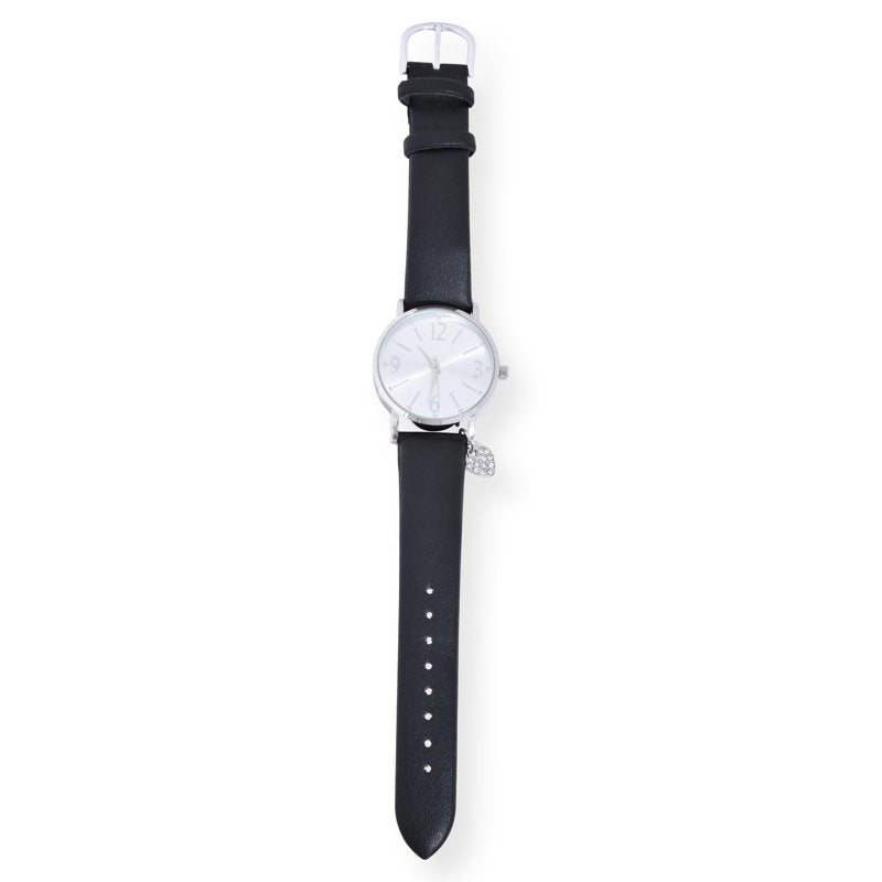 Silver Tone Crystal Accent Watch with Heart Charm and Faux Leather Strap