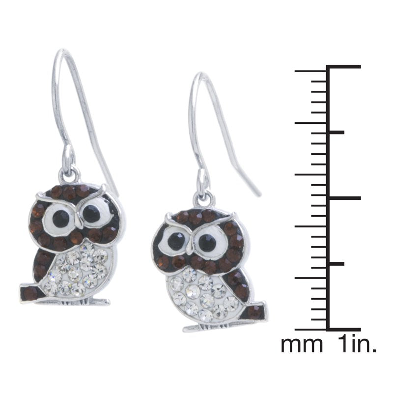 Sterling Silver Crystal Owl Drop Earrings for Women & Teen