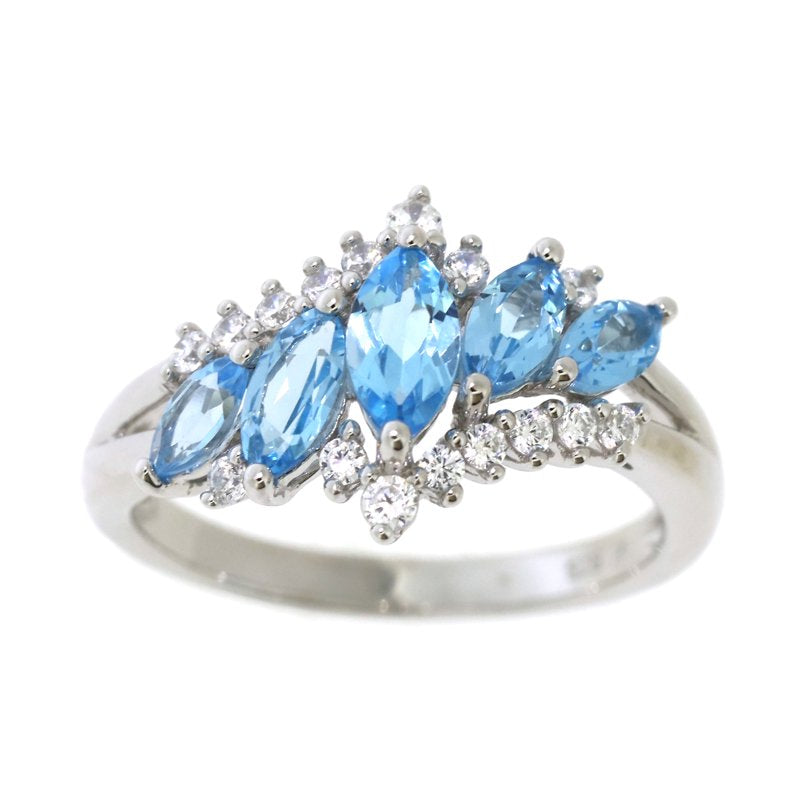 Sterling Silver Marquise Blue Topaz Ring with Cubic Zirconia - Adjustable Size