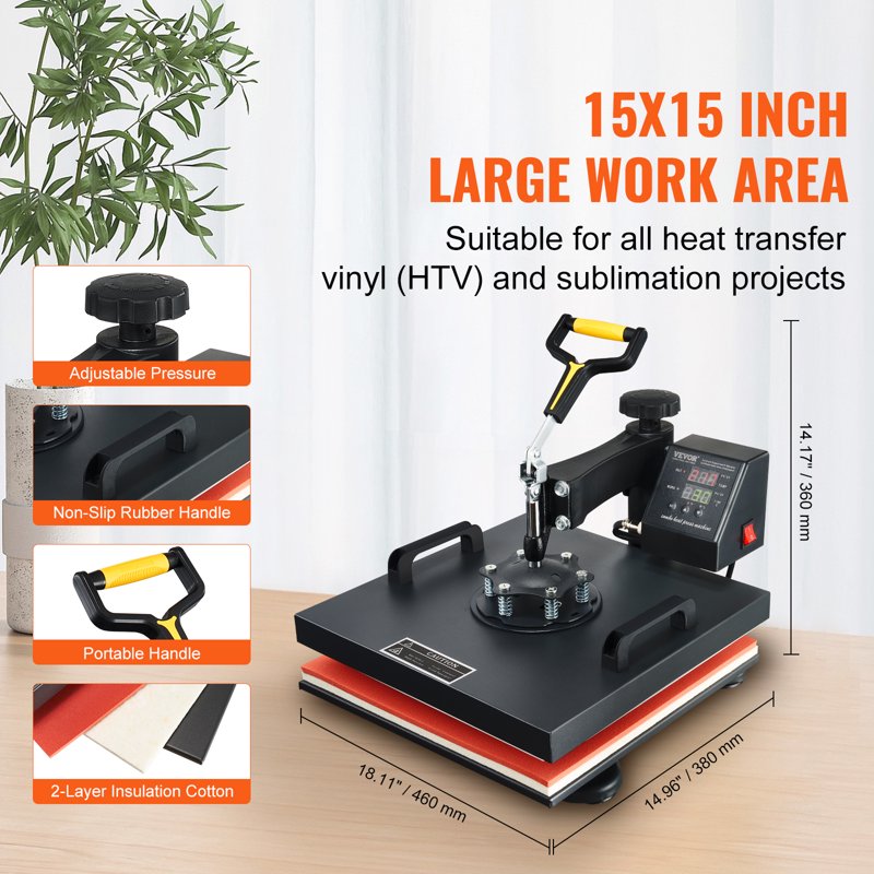 15x15 Inch Heat Press Machine for Sublimation Transfers with Teflon Coating