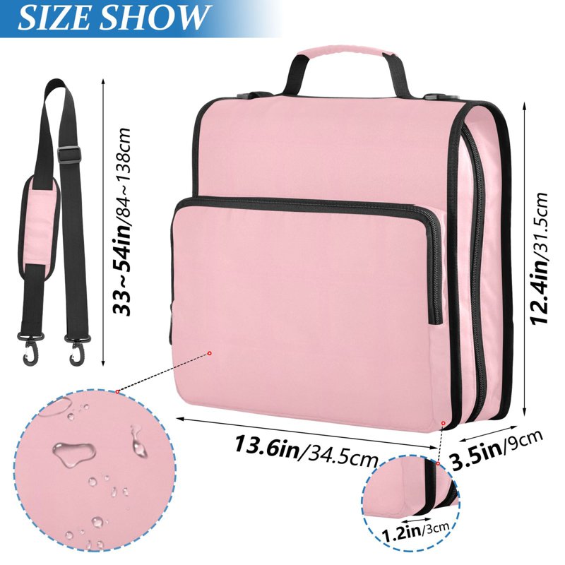 Pink Zipper Binder Folder Organizer Bag with 3-Ring File & Multiple Pockets