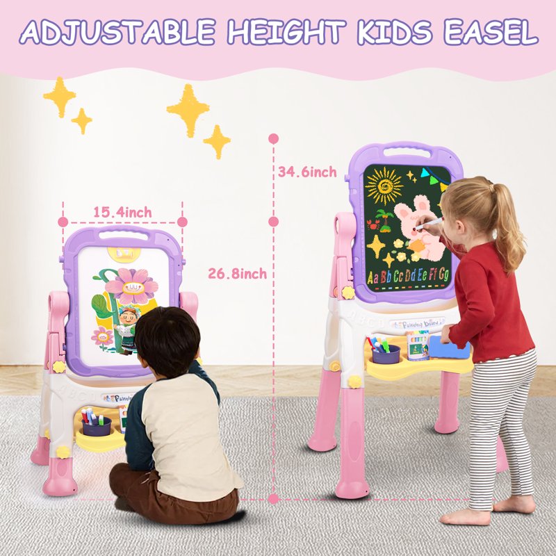 Kids Adjustable Art Easel with Whiteboard & Chalkboard - Toddler Drawing Gift