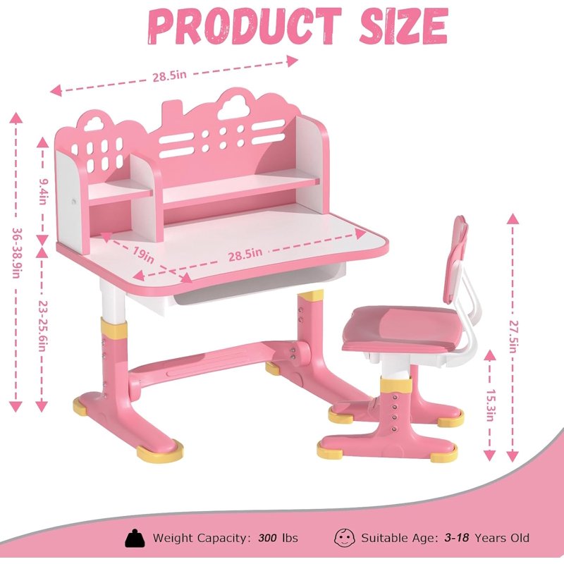 Kids Adjustable Height Study Desk and Chair Set with Tilt Top and Storage