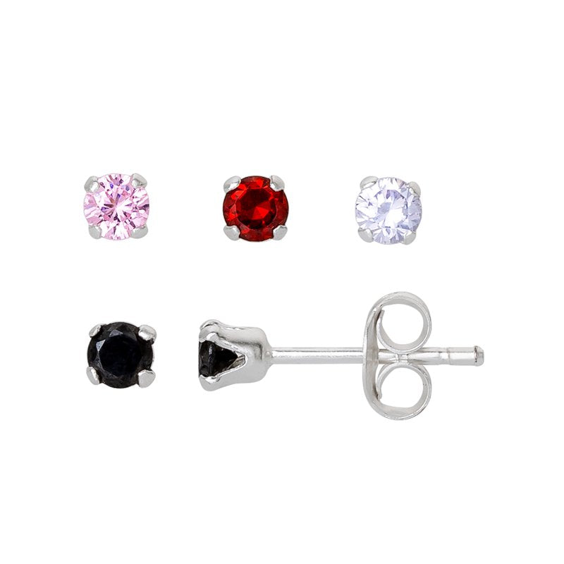 Sterling Silver Cubic Zirconia Stud Earrings Set for Girls - 4 Pairs
