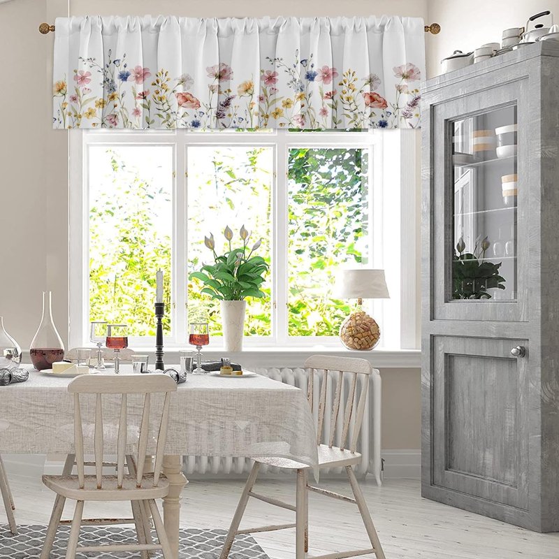 Window Valances with Floral & Eucalyptus Patterns - 18x52 Inch Adjustable Rod Pocket Drapes - Pack of 2