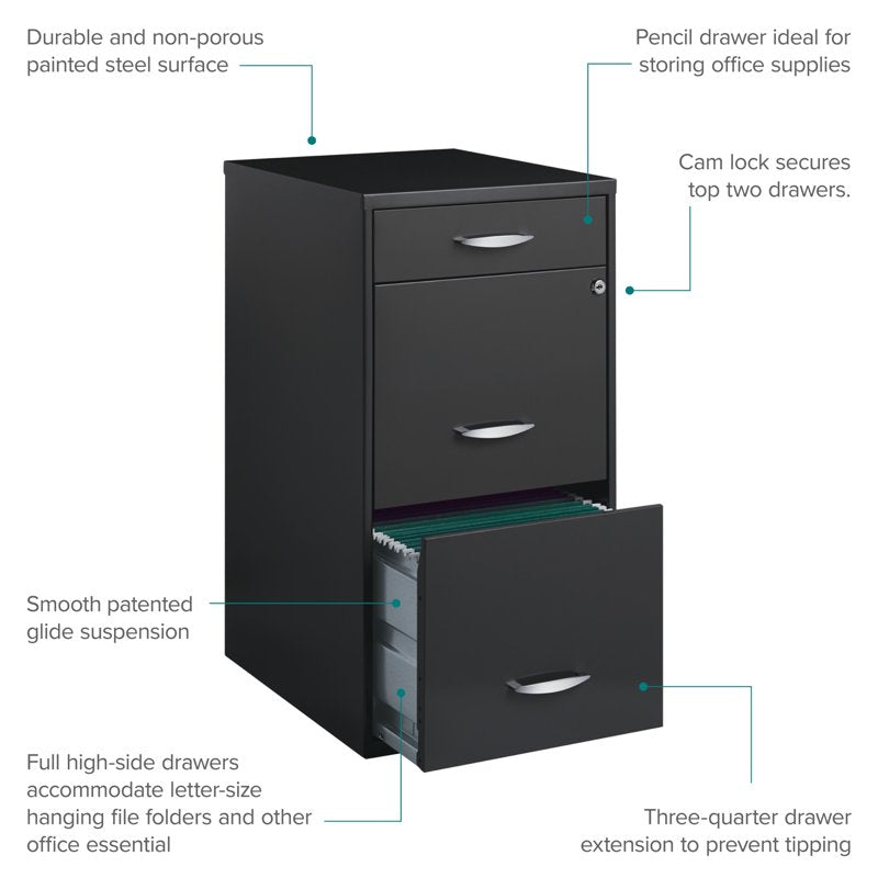 Steel 3 Drawer File Cabinet with Lock for Home Office & Business - Charcoal