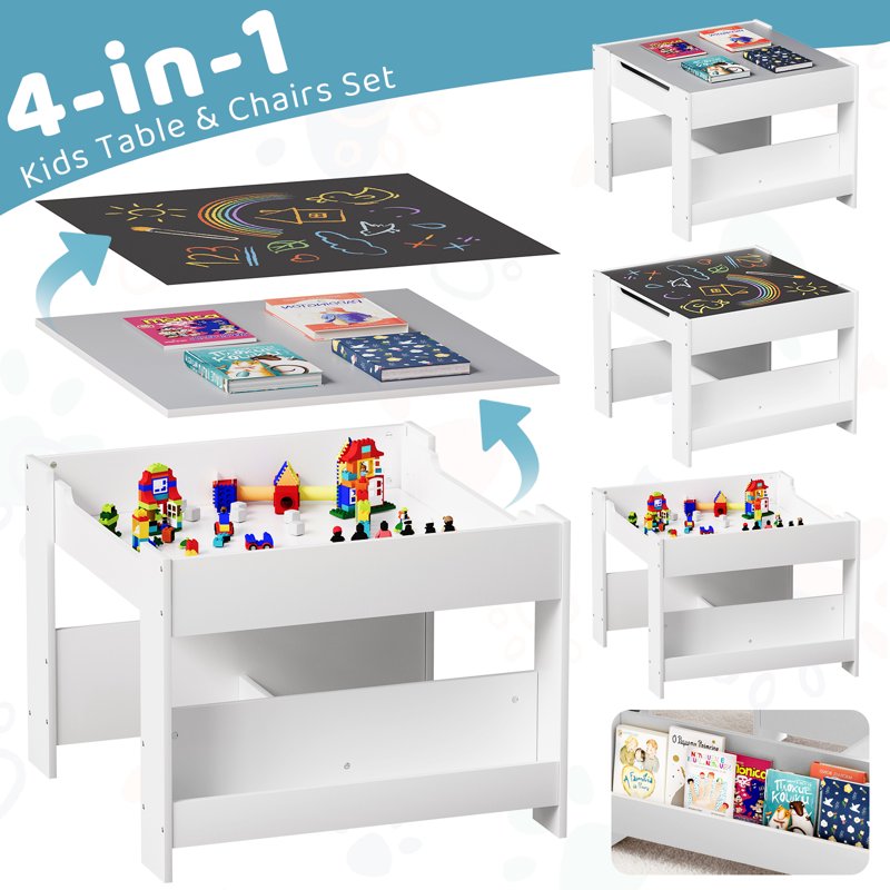 Kids Activity Table & Chairs Set with Storage & Reversible Blackboard