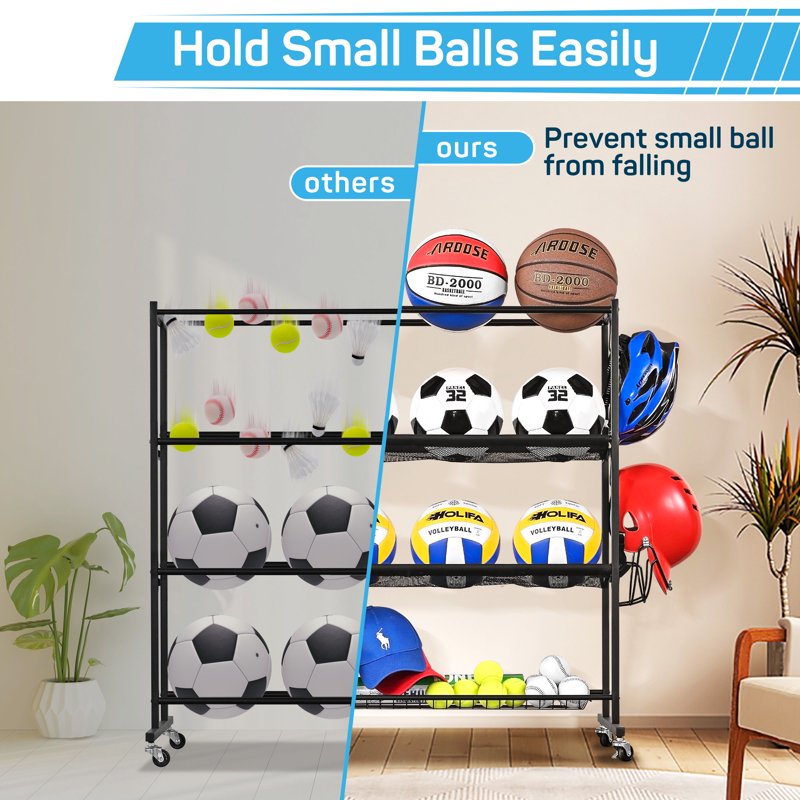 Garage Ball Storage Rack with Wheels for Sports Equipment Organizer
