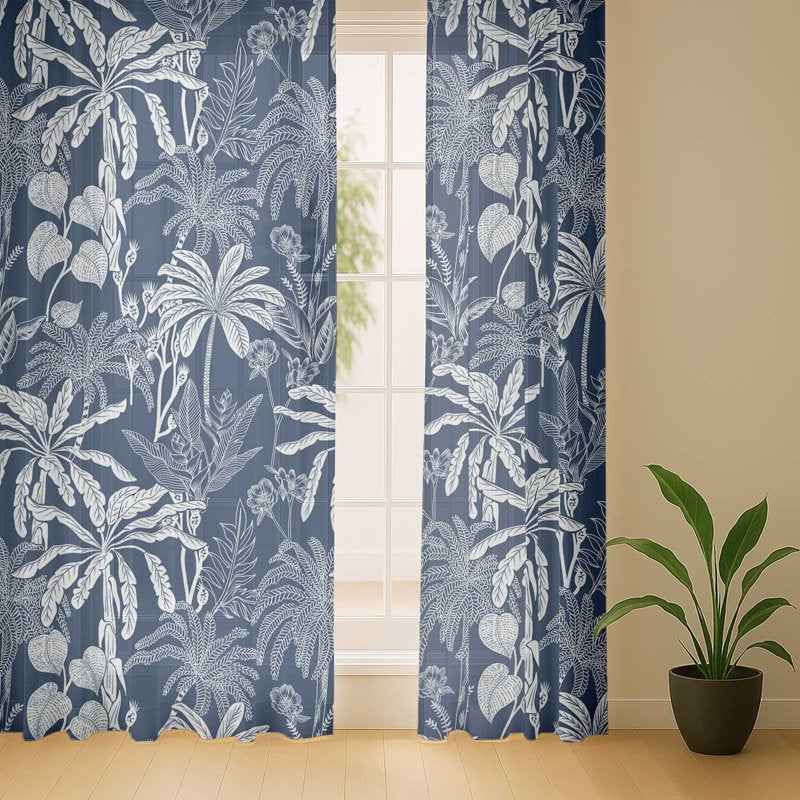 Sheer Tropical Tree Pattern Curtains Set of 2 - Light Filtering Georgette Drapes for Windows