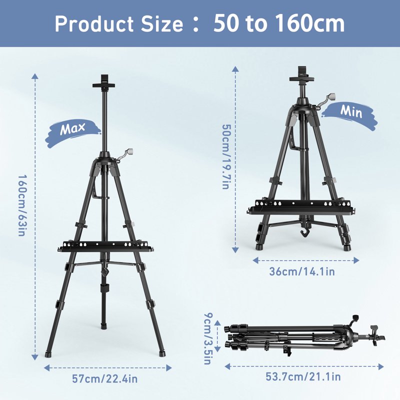 Adjustable Art Easel Stand for Painting and Display - Portable Tripod with Bag, Black