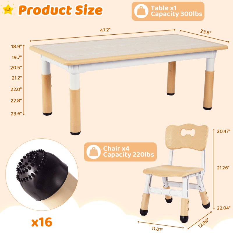 Kids Table and 6 Chairs Set with Height Adjustment and Waterproof Surface