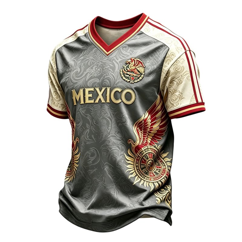 LNZGNM 2026 Mexico Soccer Jersey - Men’s Gray M V-Neck Fan Shirt for Game Day