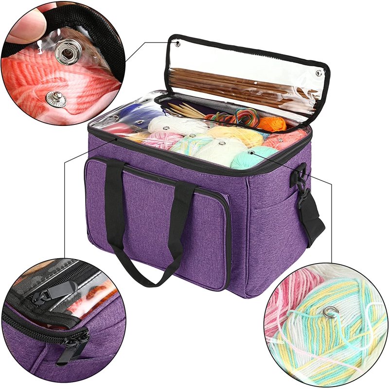 Large Capacity Knitting & Yarn Storage Bag with Pockets - Purple