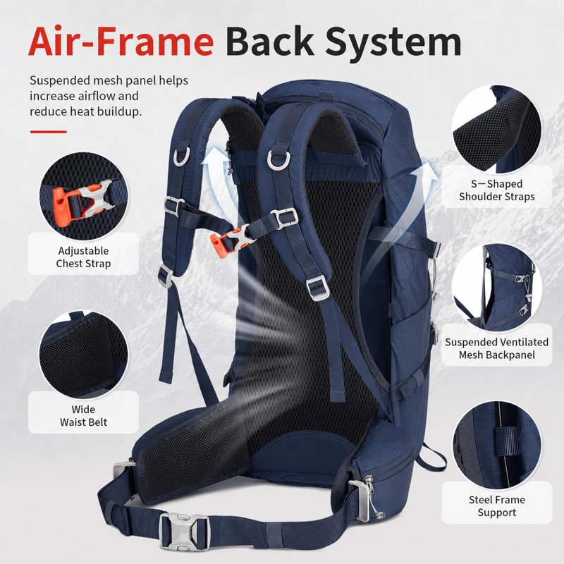 JIDIZHE 32L Hiking Backpack with Internal Frame & Rain Cover - Blue004