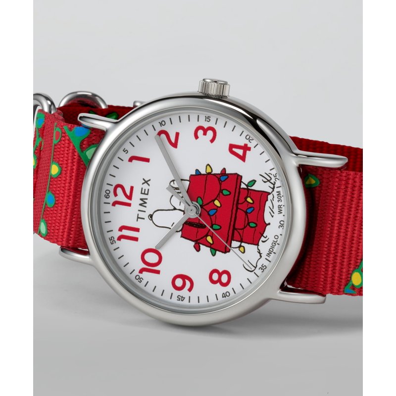 Timex Women's Weekender Peanuts Holiday 38mm Watch with Red Strap and White Dial