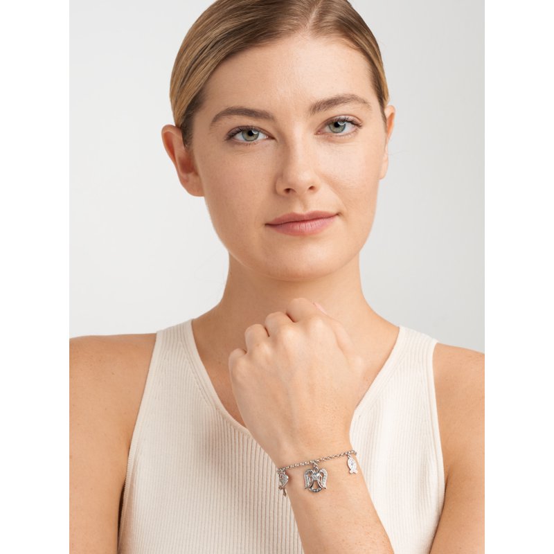 Women's Diamond Charm Bracelet Set - Silver Plated Brass, 7.25 Inch