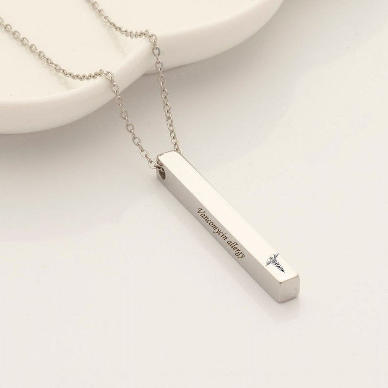 Medical Alert ID Necklace Engravable 4-Sided Bar Personalized Stainless Steel Jewelry