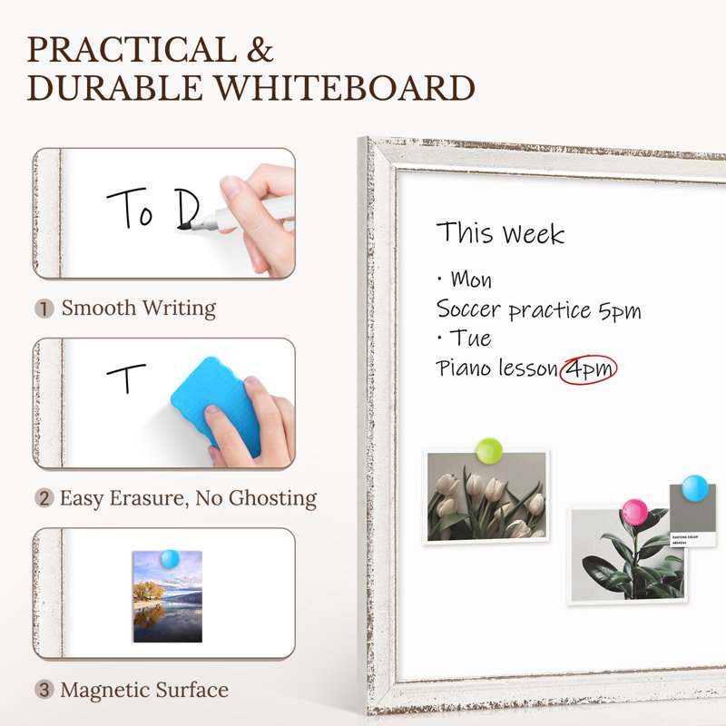 Magnetic Dry Erase Board with Retro White Wood Frame Wall Mount for Office & Home