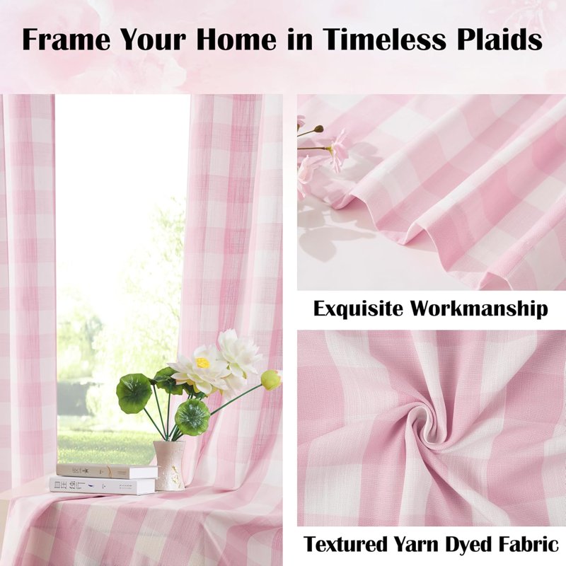 Buffalo Plaid Semi Sheer Curtains - Pink/White, 84 Inch Long, Pack of 2