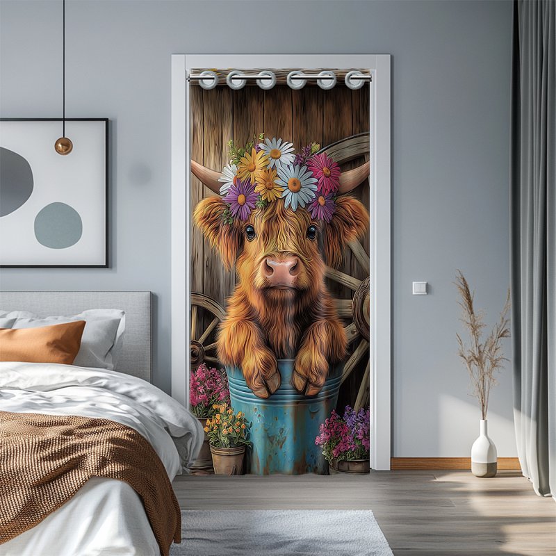 Highland Cattle Door Curtain - Room Divider with Flowers, 78x39 Inch