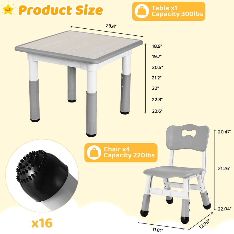 Kids Activity Table and Chairs Set with Adjustable Height, Non-Slip Legs, Gray