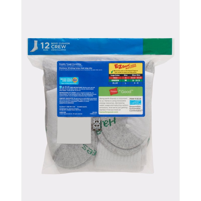 Hanes Double Tough Boys' Cushion Crew Socks 12-Pair - White, Size S