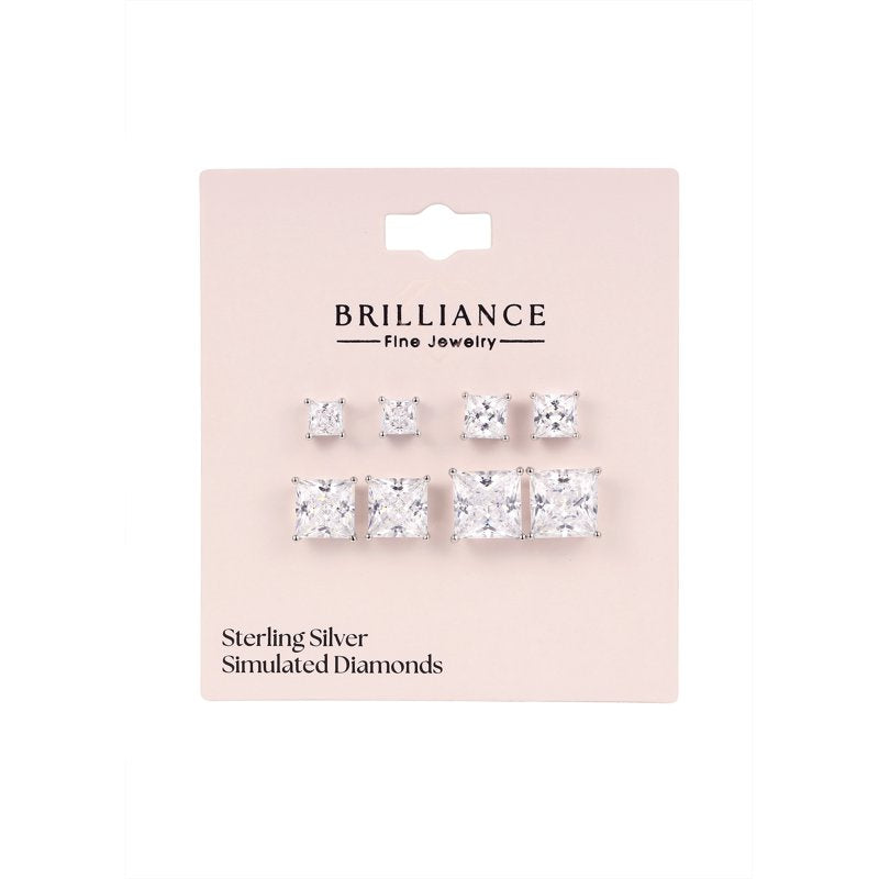 Sterling Silver Square Earring Set with Simulated Diamonds - 4 Pairs