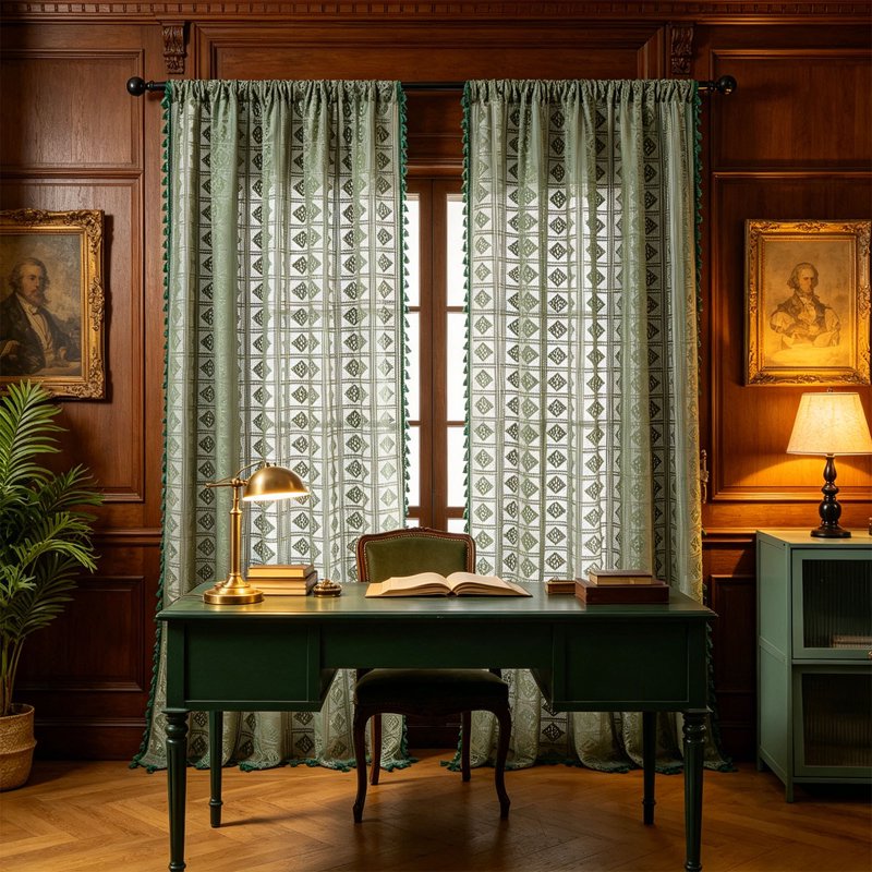 Green Free Size Sheer Embroidered Curtain Panels with Rod Pocket – Semi-Blackout Window Drapes