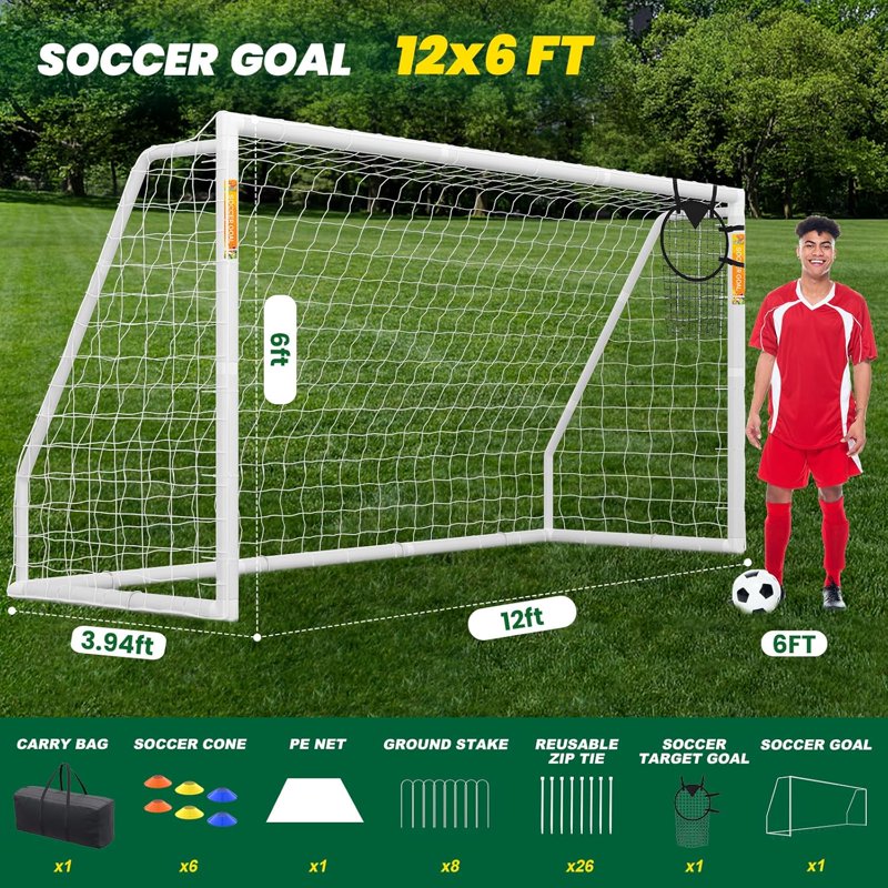ABORON 12 x 6 ft Foldable Soccer Goal with Net, PVC Frame, Portable Backyard Training