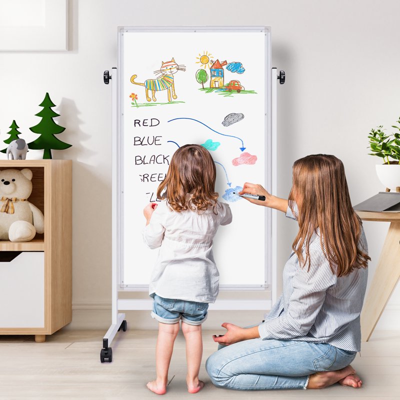 Adjustable Magnetic Whiteboard on Wheels - 48 x 24 Double-Sided Mobile Easel for Office & Classroom