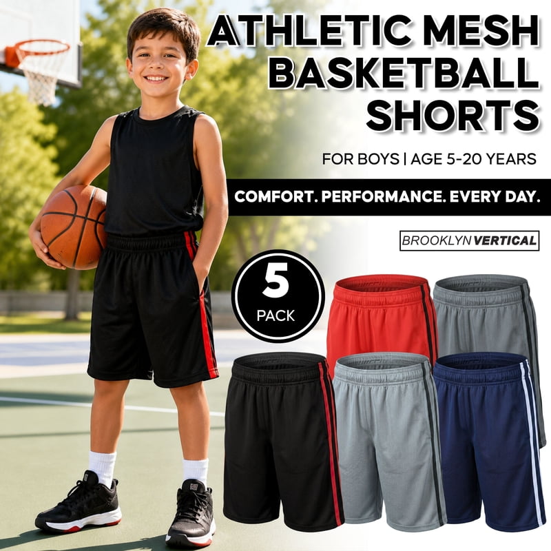 Kids Basketball Shorts 5-Pack Athletic Performance Mesh Shorts with Pockets