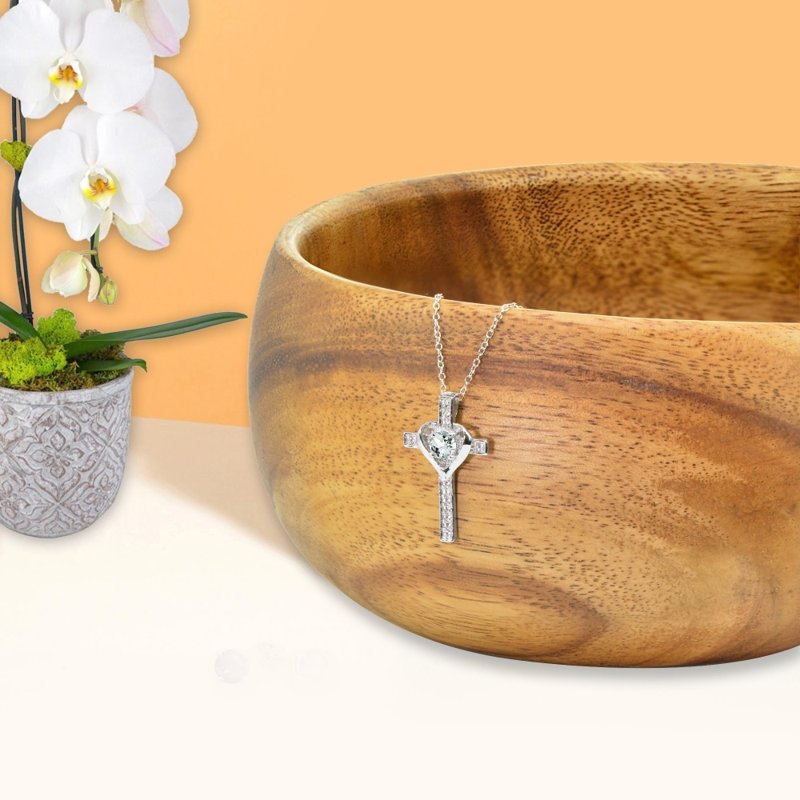 Sterling Silver Birthstone Heart Cross Pendant Necklace for Women & Teens