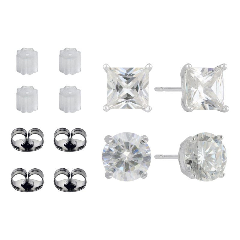 Sterling Silver Simulated Diamond Earring Set - Round & Square Studs for Women