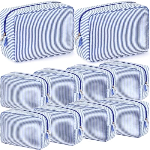 Sanwuta 10 Pcs Seersucker Cosmetic Bag Seersucker Makeup Bag Women Stripe Large Travel Toiletry Organizer Preppy Storage Pouch for Embroidery Wedding Bridesmaid Bride Mom(Sea Blue)