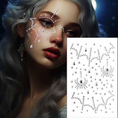 Spider Face Jewels Rhinestones Spider Web Face Gems Stick on Jewels Tattoo Festival Diamonds for Halloween Face Makeup,3-Pack