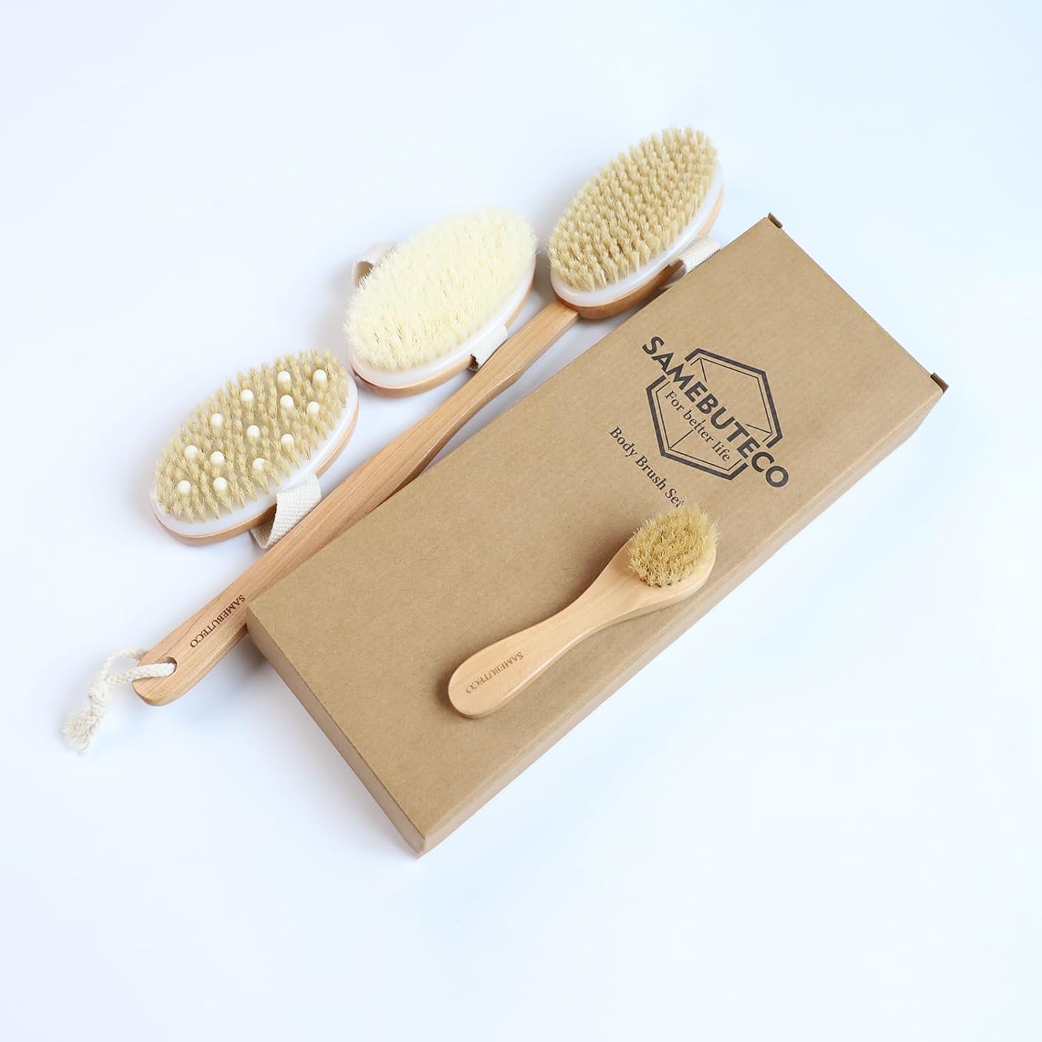 Natural Dry Brushing Set - 5 Packs with Wood Long Handle & 3 Detachable Heads for Lymphatic Drainage & Cellulite Exfoliation