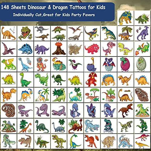 148 PCS Dinosaur and Dragon Temporary Tattoos for Kids - Dragon Individually Tattoos for Boys Girls Dinosaur Birthday Party Favors Goodie Bag Fillers