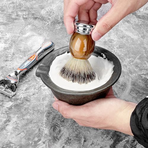 Linkidea Inside Rough Ceramic Texture Shaving Bowl, Shaving Soap Lather Cup for Men, Beard Wet Razor Shave Cream Bowl (Black), RAC5-01