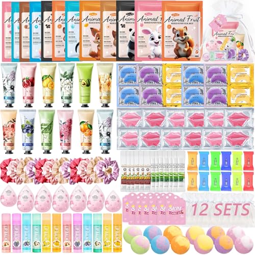 144 PCS Spa Party Supplies for Women, Include Face Masks, Hair Masks, Facial Cleanser, Hand Cream, Lip Balm, Under Eye Patches, Lip Mask, Compressed Towels, Foot Bath Bombs, Sleepover Spa Party Favors