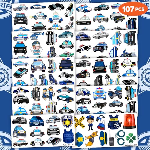 107 PCS Police Car Temporary Tattoos Themed Birthday Party Decorations Favors Supplies D?cor Cute Cop Officer Policeman Blue Tattoo Stickers Gifts For Boys Girls Class Prizes Rewards Cartoon Carnival