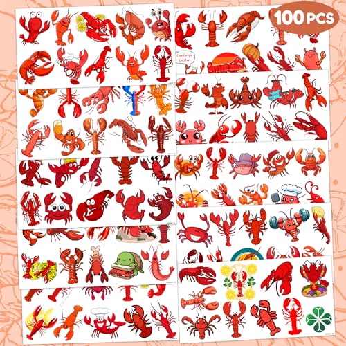 Crawfish Temporary Tattoos Lobster Party Decorations Favors Supplies Seafood Themed Cute Stickers 10 Sheets 100 PCS Gifts for Baby Girls Boys Class School Carnival
