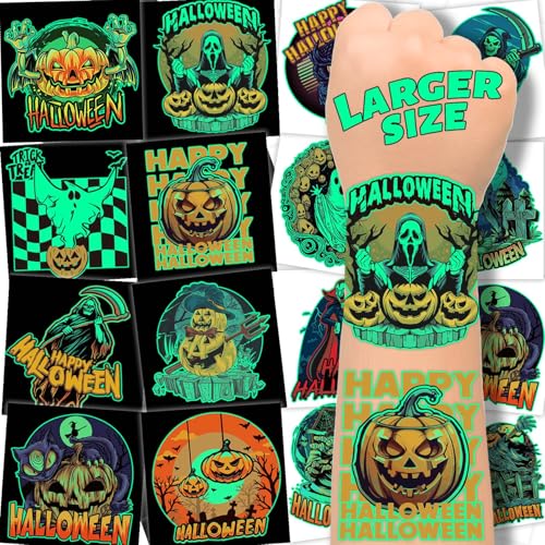 winthrop 100 Pcs Luminous Halloween Temporary Tattoos for Kids, Individually Wrapped Glow In the Dark Waterproof Large Size Tattoos,Trick or Treat, Best Choice for Halloween Candy Bag, 25 Designs