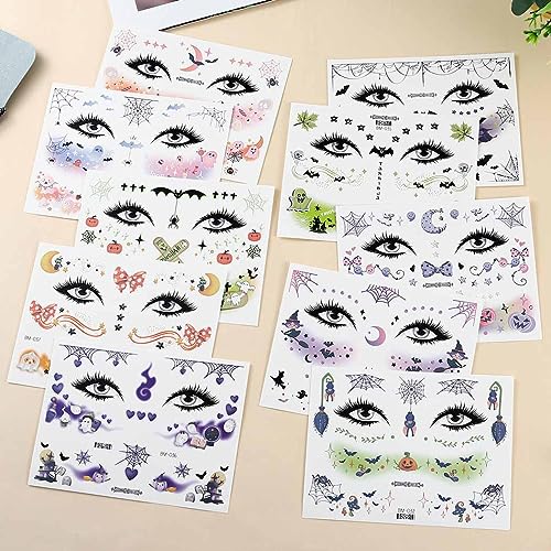 Uranian Halloween Temporary Tattoos Face Freckle Makeup Tattoos Cobweb Spider Bat Ghost Tattoo Stickers Cute Face Makeup Decals Halloween Fake Tattoos for Women