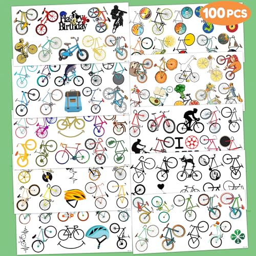 Bike Temporary Tattoos 10 Sheets 100 PCS Bicycle Party Decorations Favors Supplies Cycling Theme Birthday Stickers Gifts for Boys Girls Kids Class School Prizes Carnival Christmas