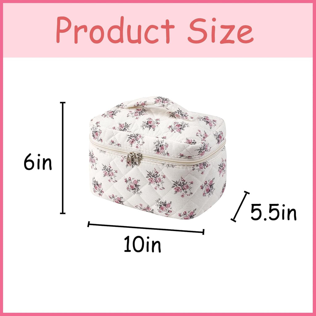 uekeboag Large Travel Quilted Makeup Bag for Women, Floral Cotton Cosmetic Bag, Coquette Aesthetic Floral Toiletry Organizer Bag