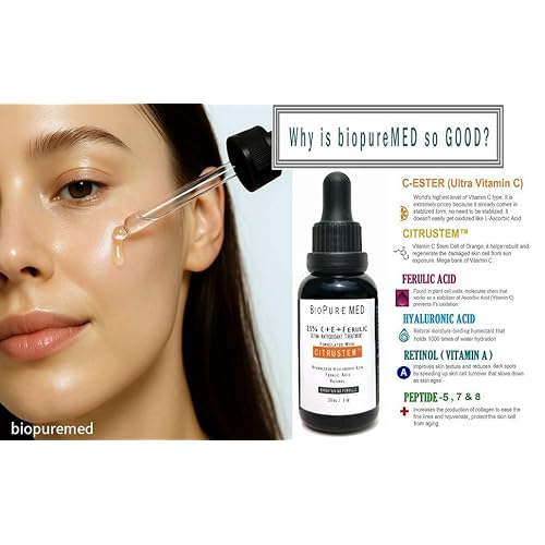 BioPureMED 25% Vitamin CE+Ferulic Acid Serum for Face: Anti Wrinkle Serum Retinol 22, Hyaluronic Acid Best Organic Korean Skin Care Vitamin C Serum/Face Moisturizer