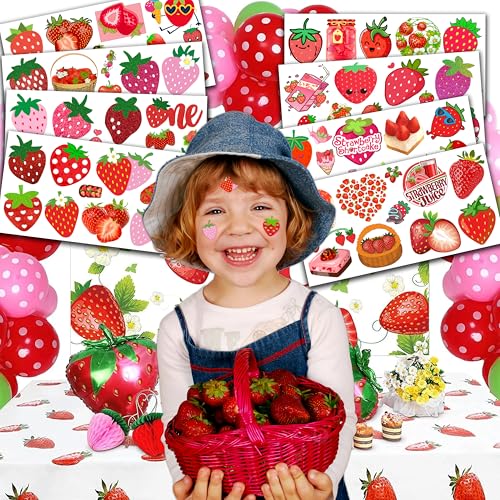 Sweet One Strawberry Themed 1st Temporary Tattoos 90 PCS Party Decorations Favors Supplies Berry First Theme Birthday Cute Fruit Tattoo Stickers Gifts for Boys Girls Kids Class School Prizes Christmas