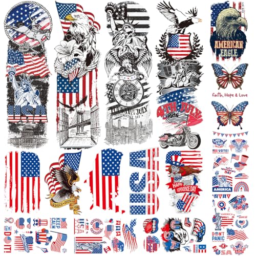 4th of July Temporary Tattoos Full & Half Arm - American Flag Tattoos for Kids Women Men Fourth of July Party Decorations and USA Party Favors,Independence Day Party Supplies
